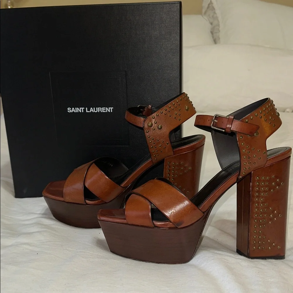 Saint Laurent Brown Studded Farrah Platform Sandals 40 - Picture 1 of 12